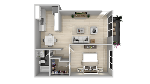 a rendering of a 3d floor plan of a house at Latitude Apartments at Mission Valley, California